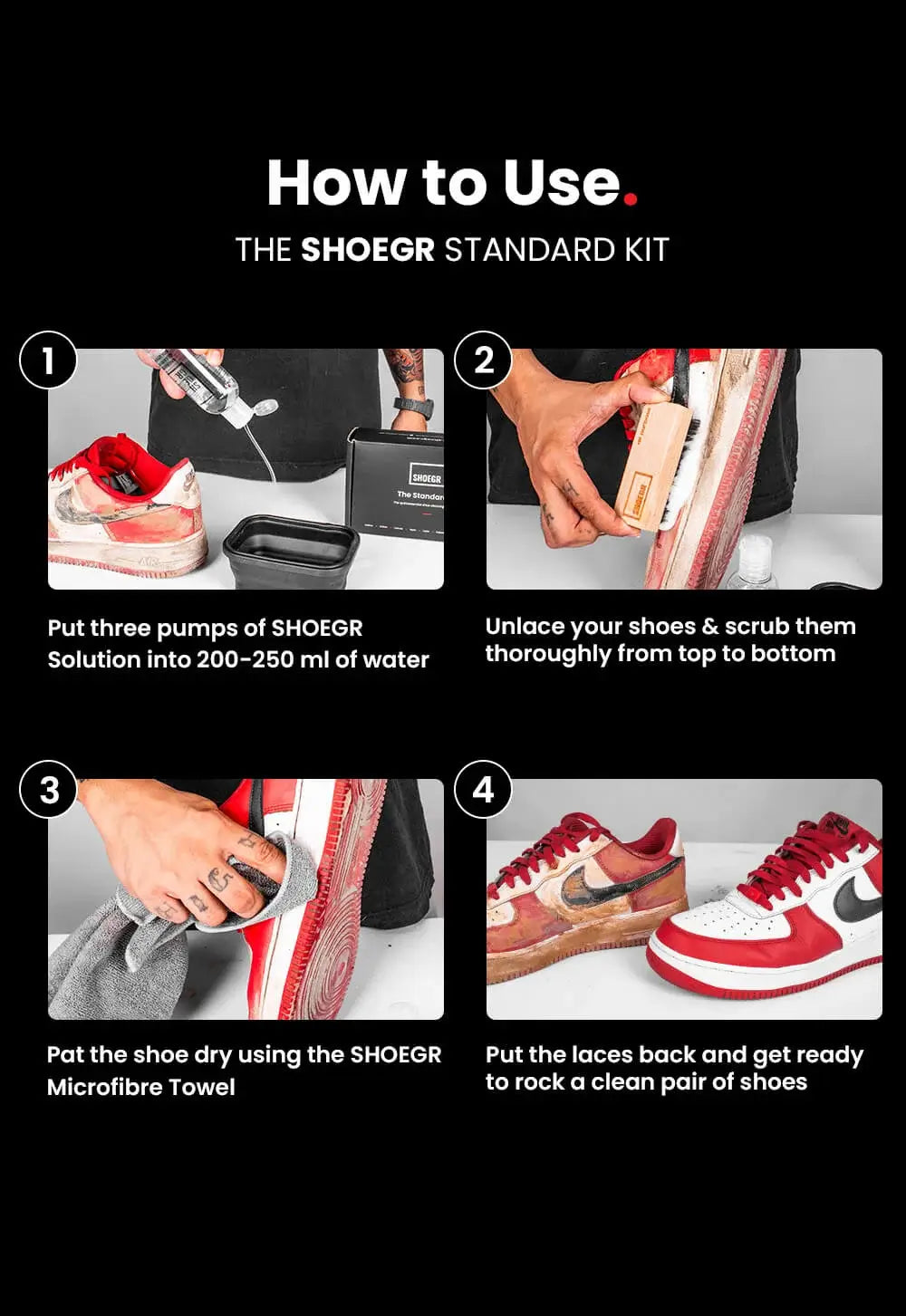 how to use shoegr standard shoe sneaker cleaning kit step by step process